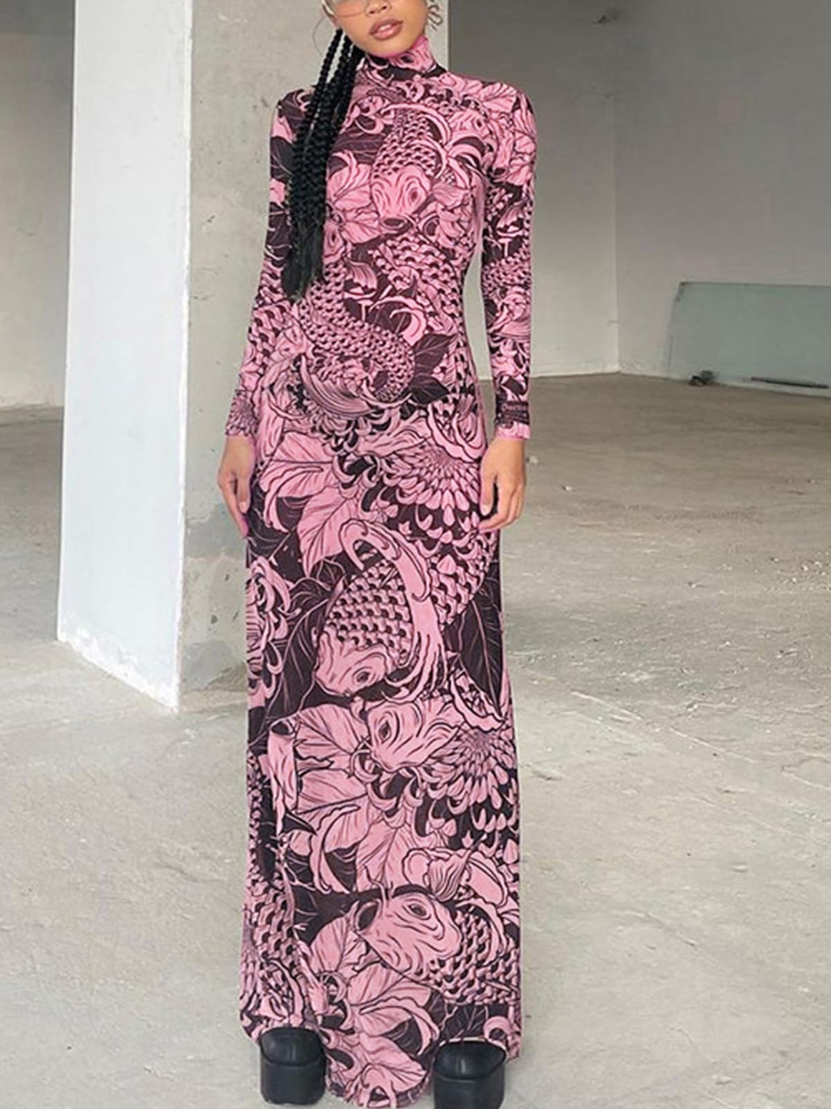 Mock Neck Mesh Print Maxi Dress
