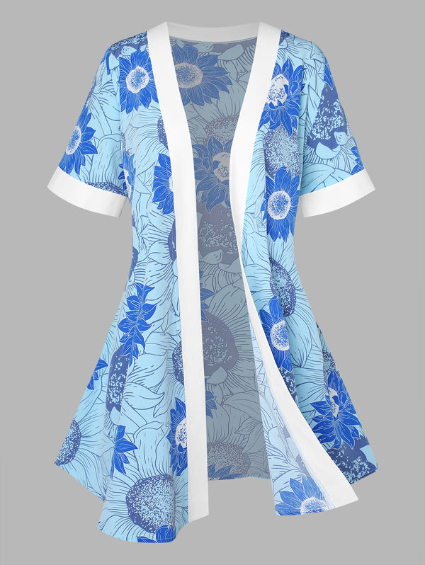 Plus Size Sunflower Print Open Kimono