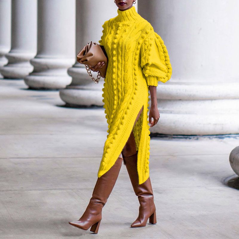 Vestidos midi de punto con abertura y cuello alto