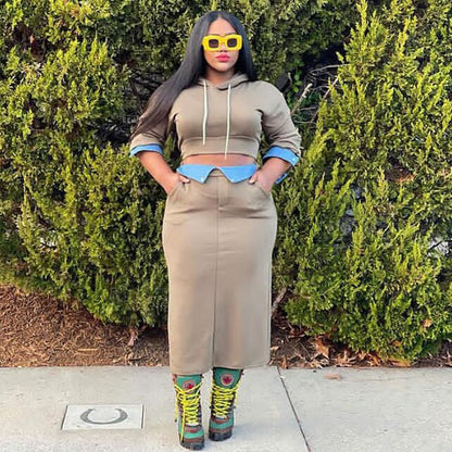 Conjunto de falda con capucha y patchwork de mezclilla