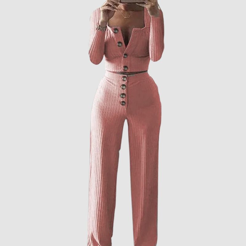 Conjunto de pantalón de pierna ancha y top con cuello cuadrado abotonado