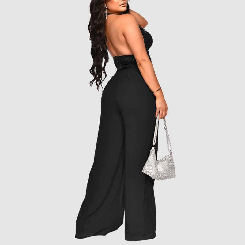 Conjunto de chaleco halter con lentejuelas y pantalones rectos de cintura alta