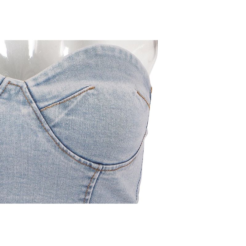 Conjunto de pantalón largo y top corto sin tirantes de mezclilla