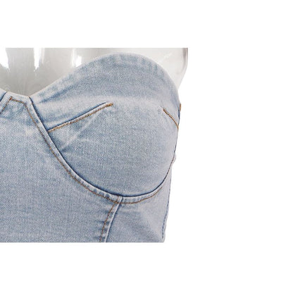 Conjunto de pantalón largo y top corto sin tirantes de mezclilla