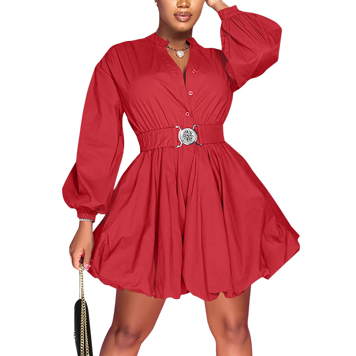 Vestido camisero abullonado de manga larga con botones