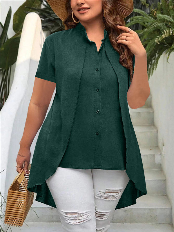 Button Down Short Sleeve Solid Color Blouses