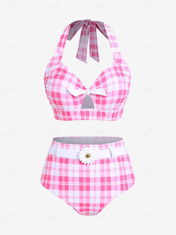 Plus Size Bowknot Halter Padded Checkerboard Tankini Swimsuit