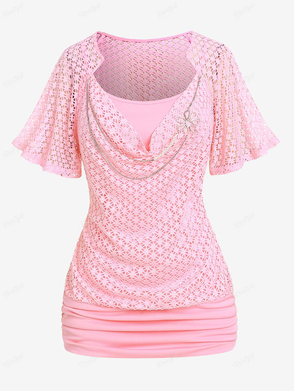 Plus Size Lace Overlay Chain Decor Ruched Butterfly Sleeve Top