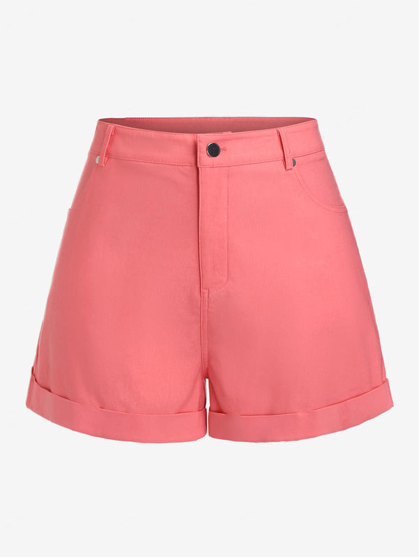Plus Size Cuffed Colored Shorts with Pockets