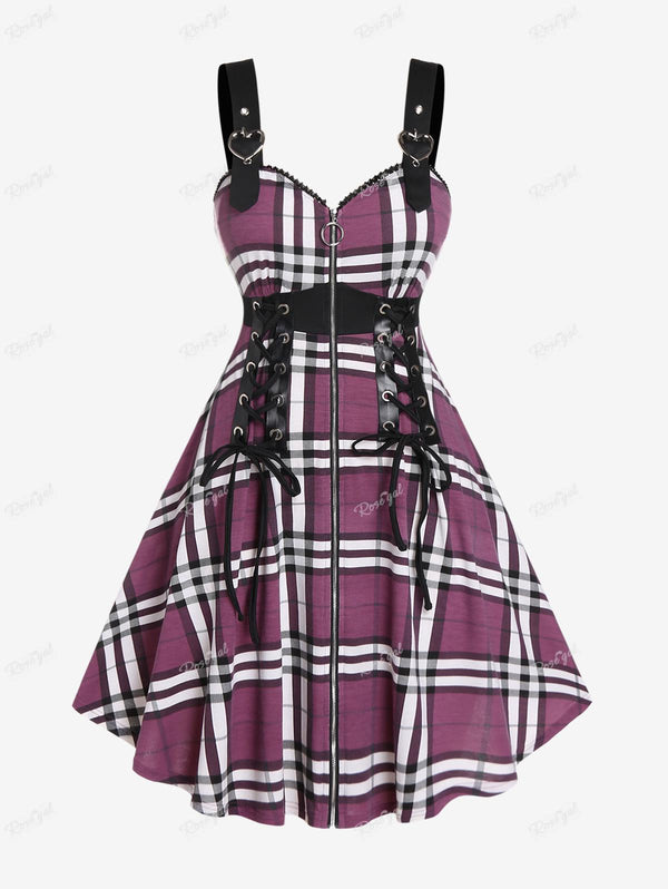 Plus Size Plaid Lace Up Zipper Heart Buckles Cami Dress