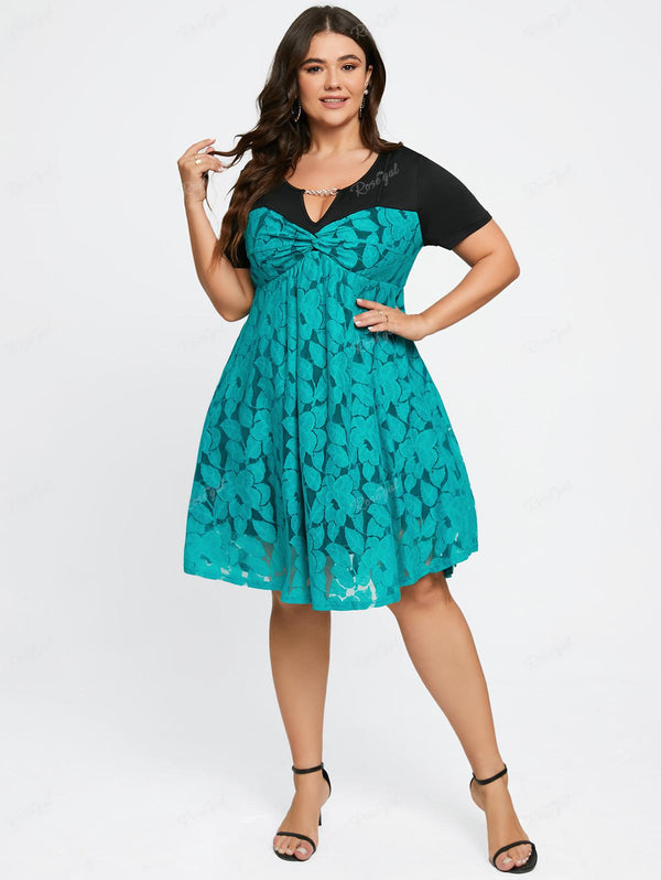 Plus Size Chain Panel Twisted Double Layered Lace Dress