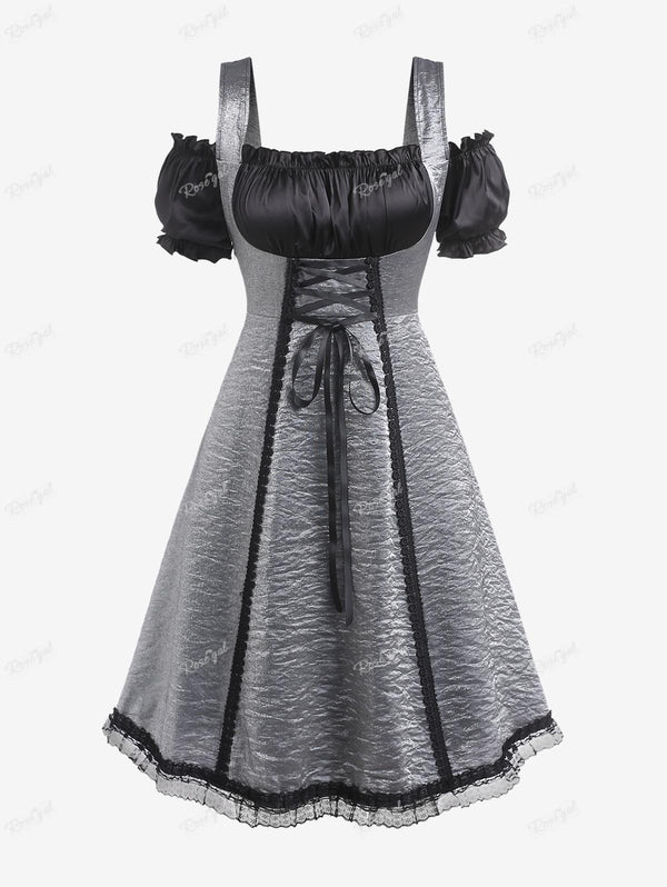 Plus Size Lace-up Ruched Lace Trim Cold Shoulder Vintage Dress