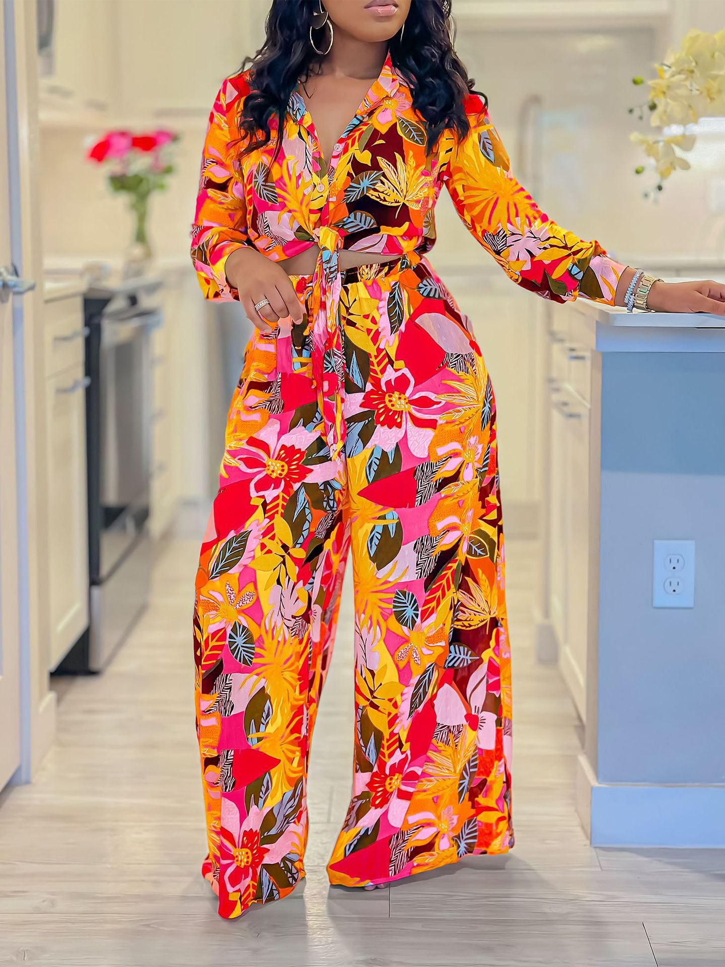 Printed Two-Piece Shirt & Wide-Leg Pants