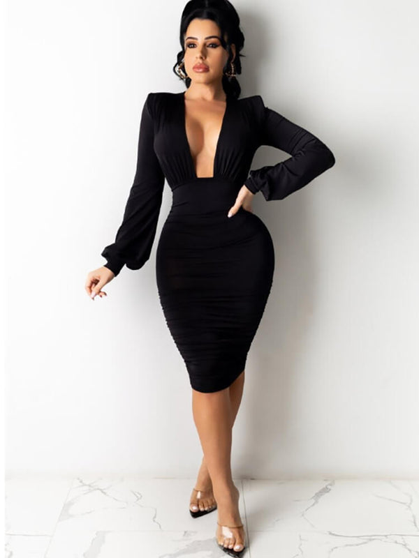 Long Sleeve Ruched Bodycon Midi Dresses