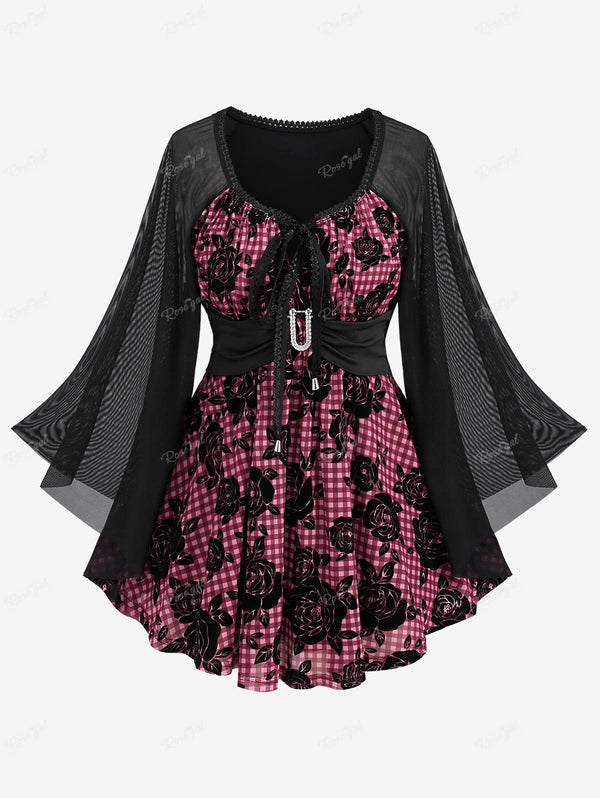 Plus Size Plaid Rose Printed Tie Buckle Flare Sleeves T-shirt