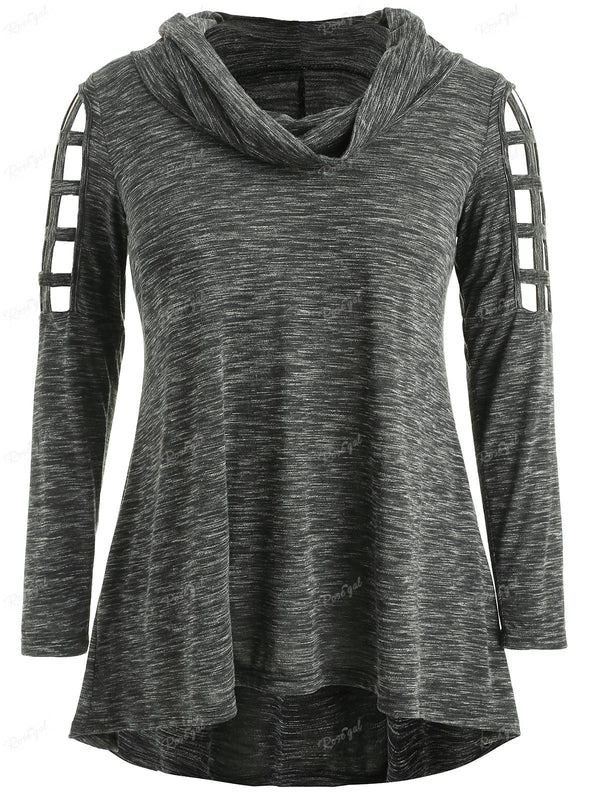 Plus Size Marled Braided Sleeves Cowl Neck T-shirt