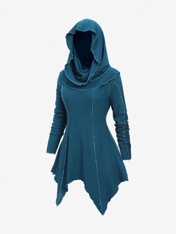 Plus Size Seamed Topstitching Asymmetrical Hem Cowl Neck Hooded Top