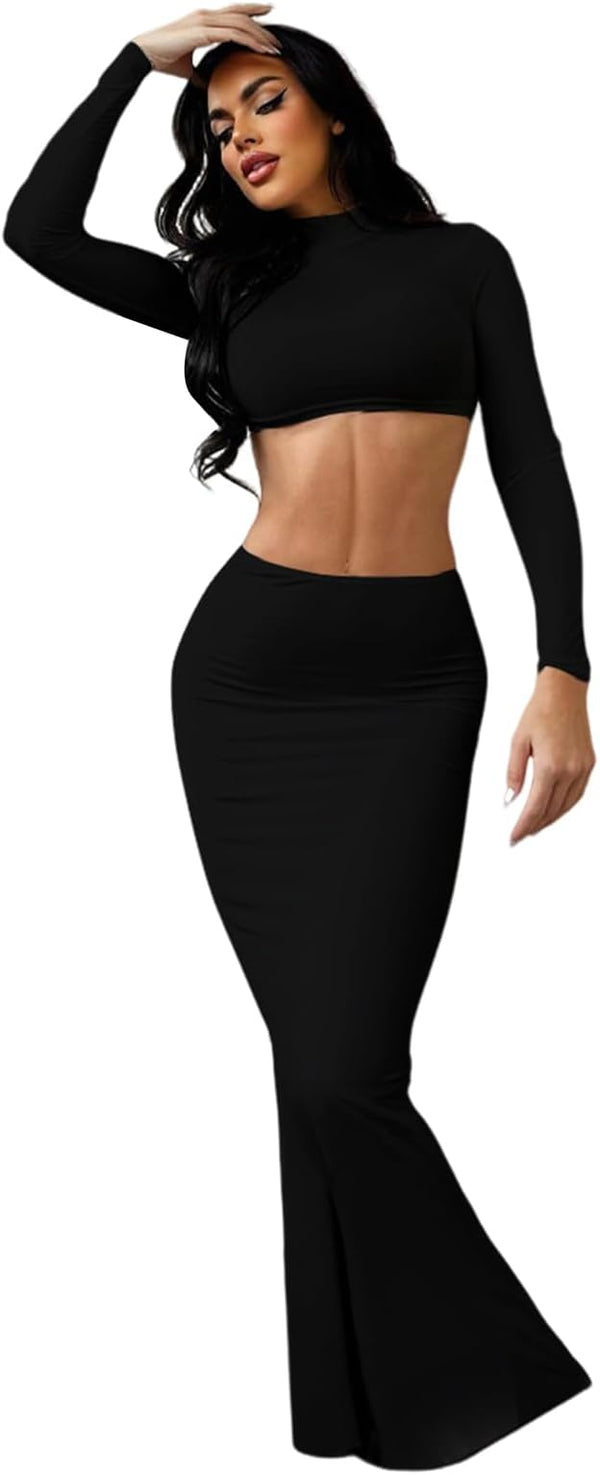 Two Piece Long Sleeve Crop Top & Maxi Skirt