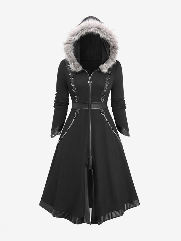 Plus Size Chains PU Leather Stripe Triangle Ring Zip Up Asymmetric Cut Sleeve Cross Fluffy Trim Hooded Coat