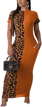 Vestido midi ajustado de manga corta con patchwork de leopardo