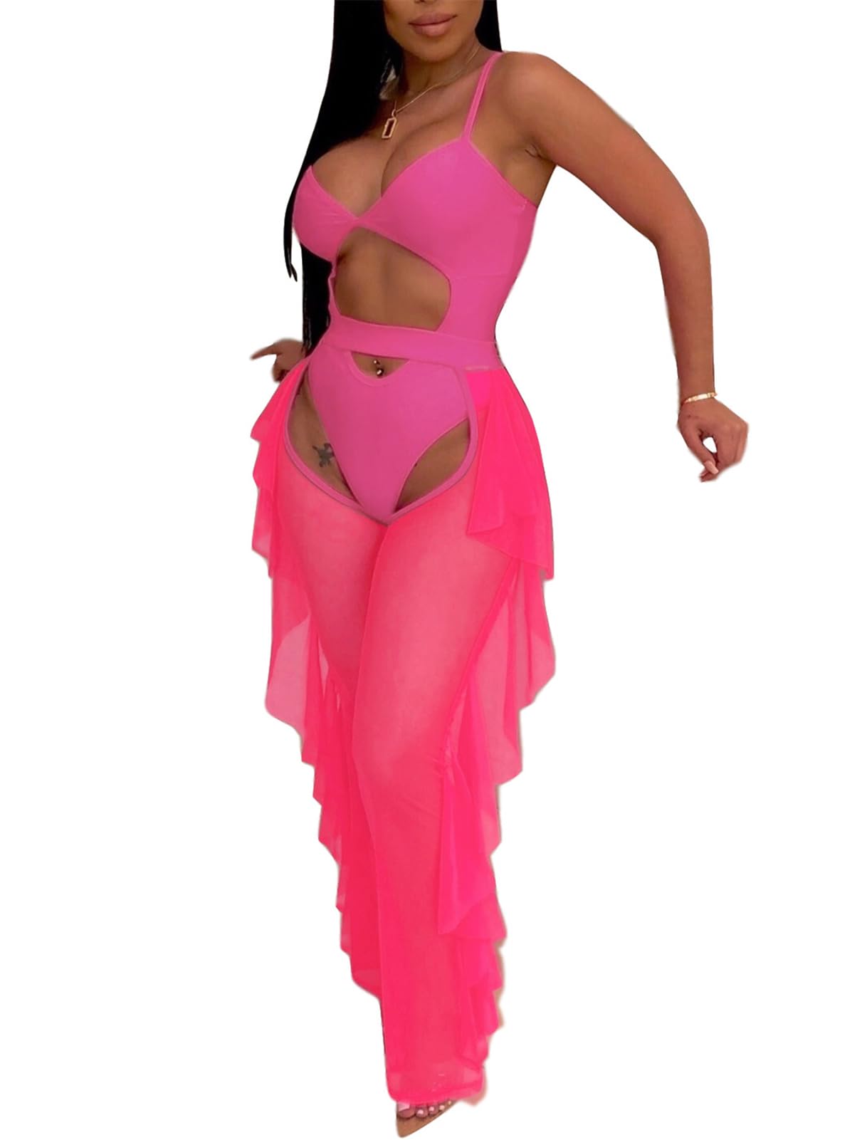 Top corto con tirantes de dos piezas y pantalón largo con volantes