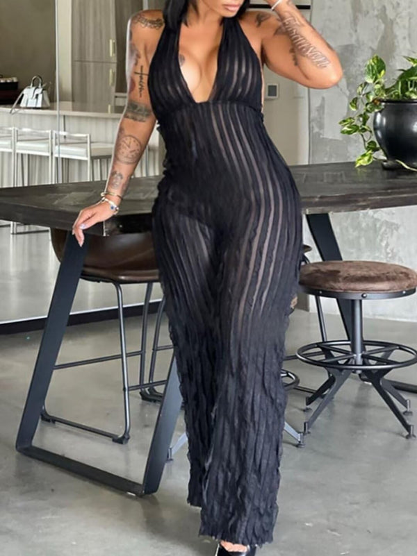 V Neck Halter Sleeveless Ruffle Wide Leg Jumpsuit