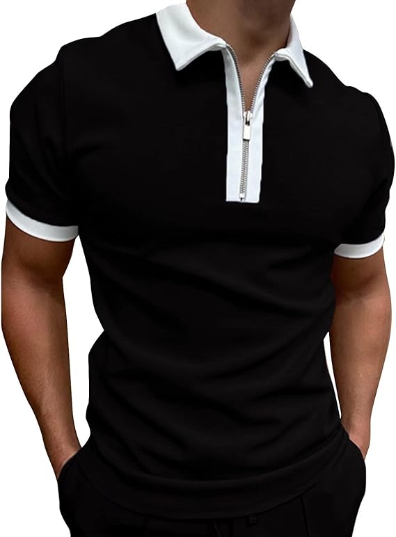 Mens Patchwork Zipper Short Sleeve Polo Shirts