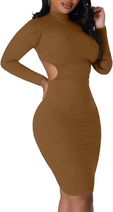 Long Sleeve Ribbed Cutout Bodycon Midi Dress