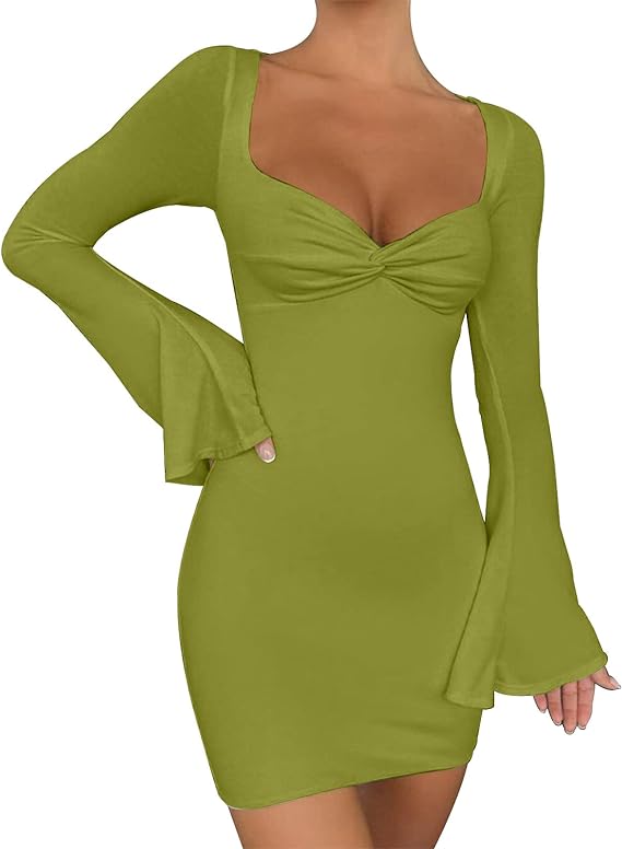 Square Neck Long Sleeve Ruched Bodycon Dresses