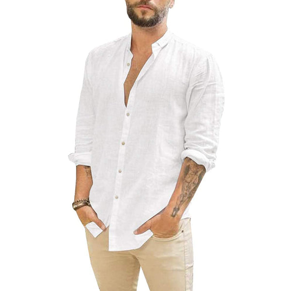 Men's Long Sleeve Cotton Linen Button-Down Grandad Shirt