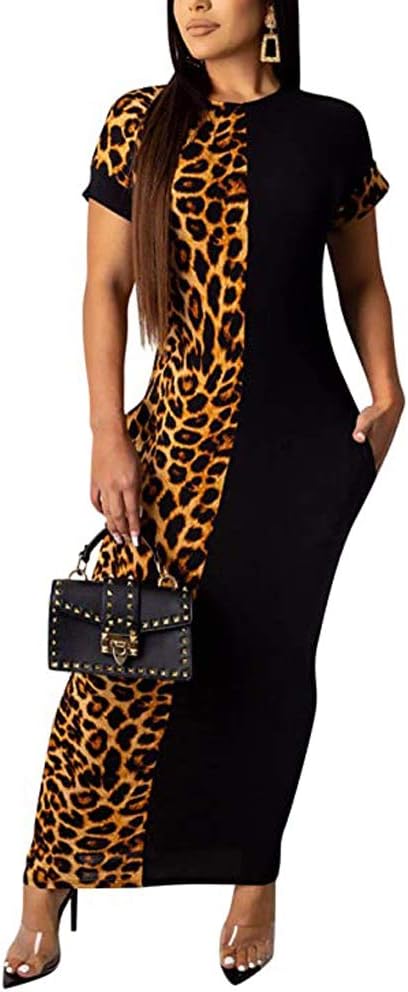 Vestido midi ajustado de manga corta con patchwork de leopardo