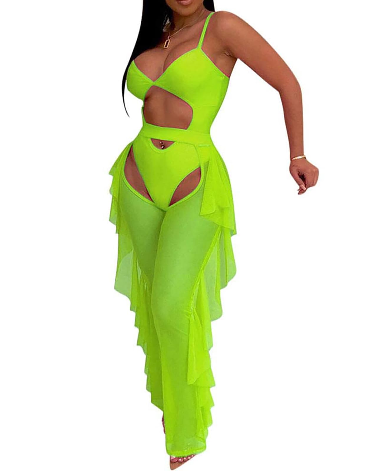 Top corto con tirantes de dos piezas y pantalón largo con volantes