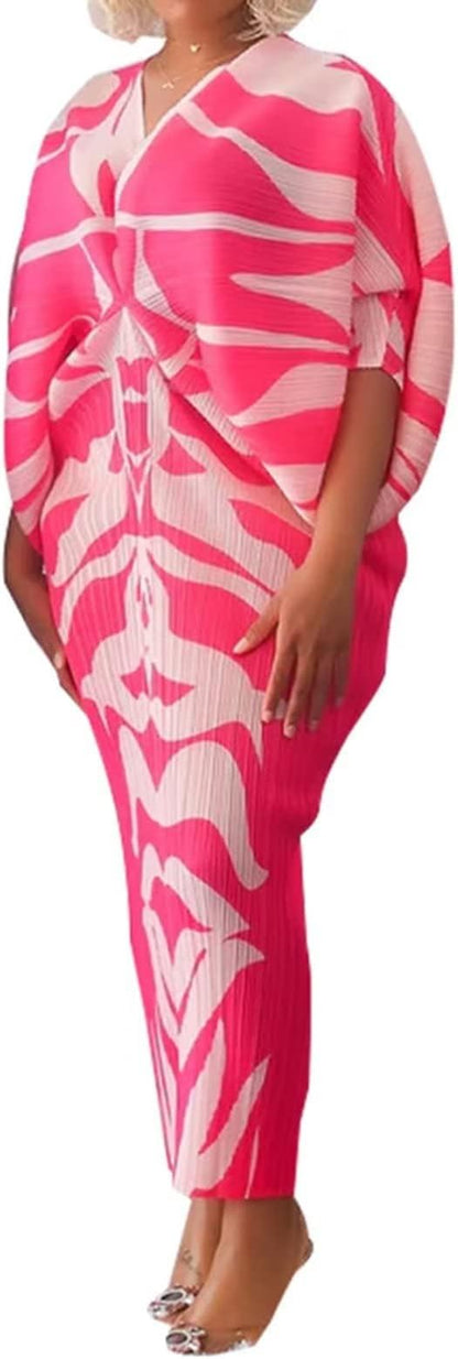 V Neck Bat Sleeve Floral Printed Dress