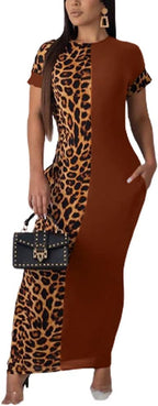 Vestido midi ajustado de manga corta con patchwork de leopardo