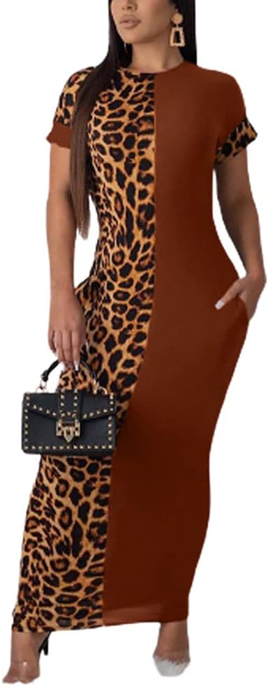 Vestido midi ajustado de manga corta con patchwork de leopardo