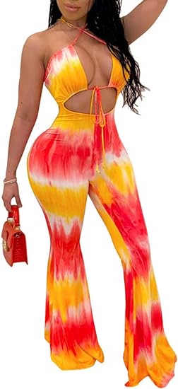 Halter Tie-Dye Printed Hollow Out Jumpsuit