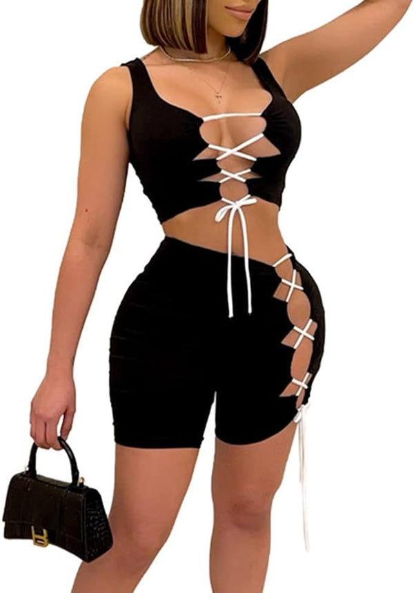 Two Piece Lace Up Sleeveless Tops & Bodycon Shorts