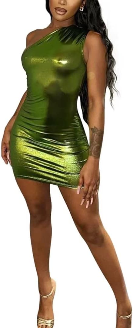 One Shoulder Sleeveless Metallic Bodycon Mini Dress