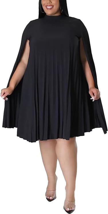 Plus Size Cape Sleeve Pleated Short Dress