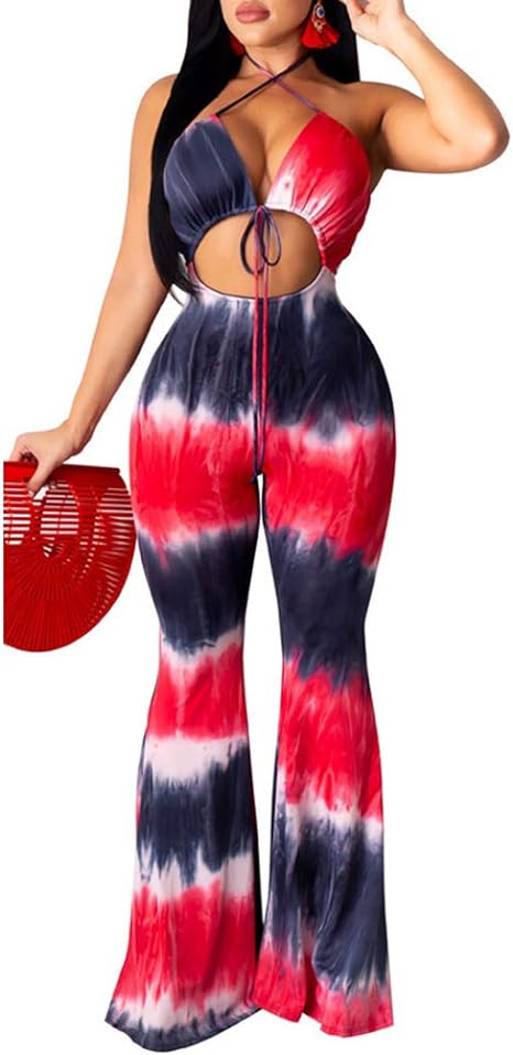 Halter Tie-Dye Printed Hollow Out Jumpsuit