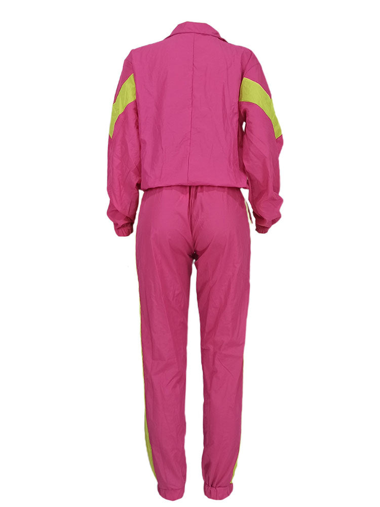 Two Piece Color Block Zip Up Top Long Pants
