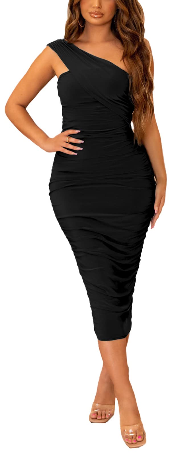 One Shoulder Ruched Bodycon Midi Dress