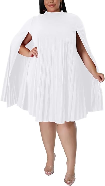 Plus Size Cape Sleeve Pleated Short Dress