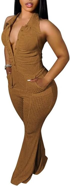 Halter Knit Backless Ruched Bodycon Jumpsuits