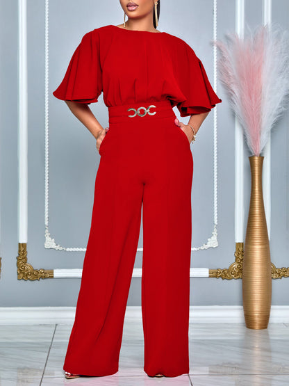 Round Neck Solid Color Wide-Leg Jumpsuit