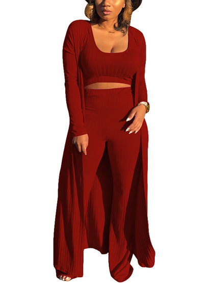 Conjunto de tres piezas Crop Top+Cárdigan largo tipo kimono+Pantalones
