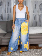 Floral Butterfly Print Wide Leg Jeans