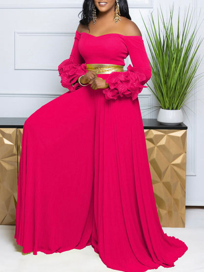 Off-Shoulder Ruffle Pleated Wide Leg Jumpsuit