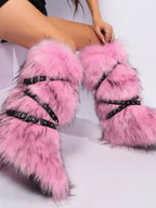 Y2K Faux Fur Cross Strap Buckle Boots