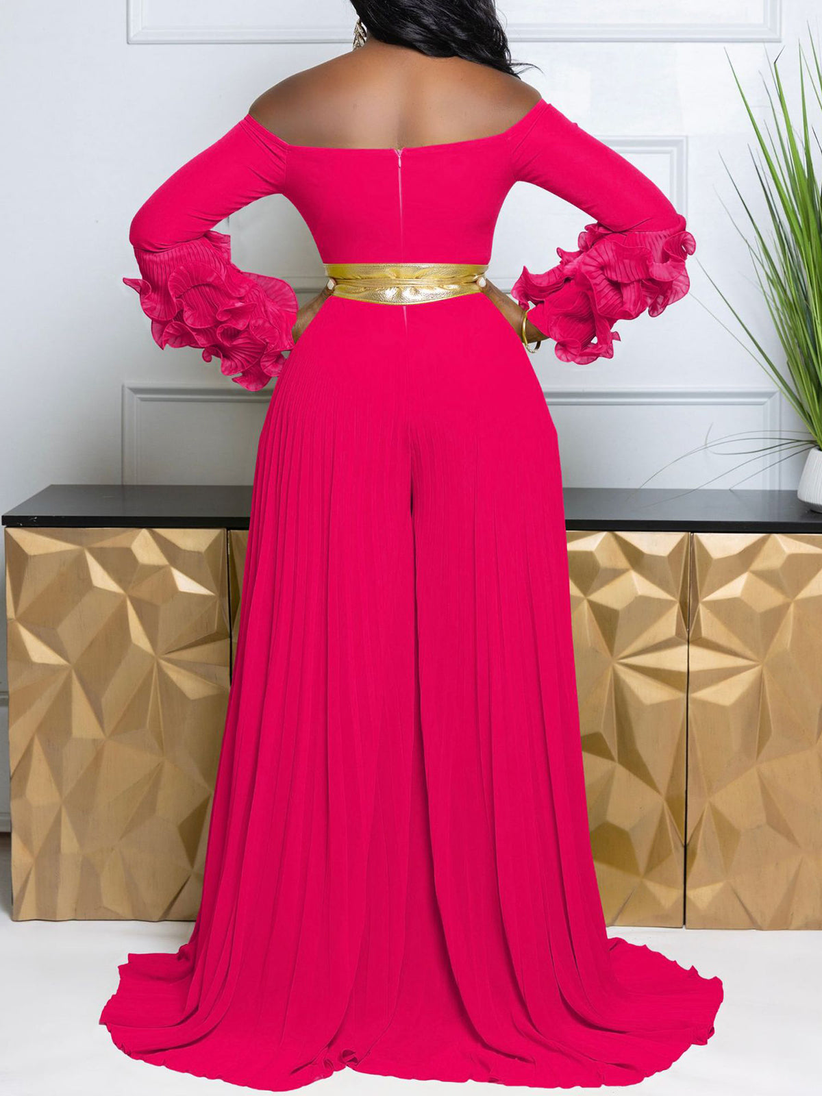 Off-Shoulder Ruffle Pleated Wide Leg Jumpsuit